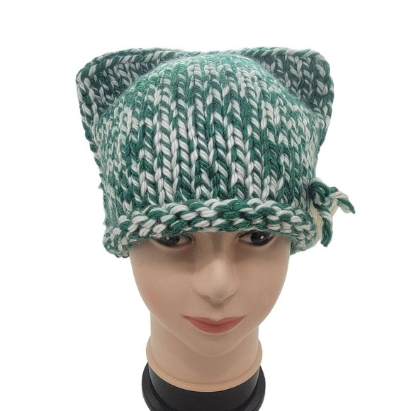 OZ Chunky Hand-Knit Hat cat Adult unisex Beanie hats green white pink Soft cozy - Picture 1 of 6